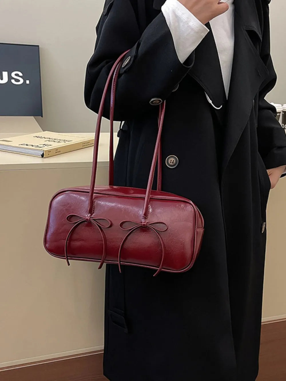 PU Leather Bow Trim Shoulder Bag - E-Esther Clothing Store