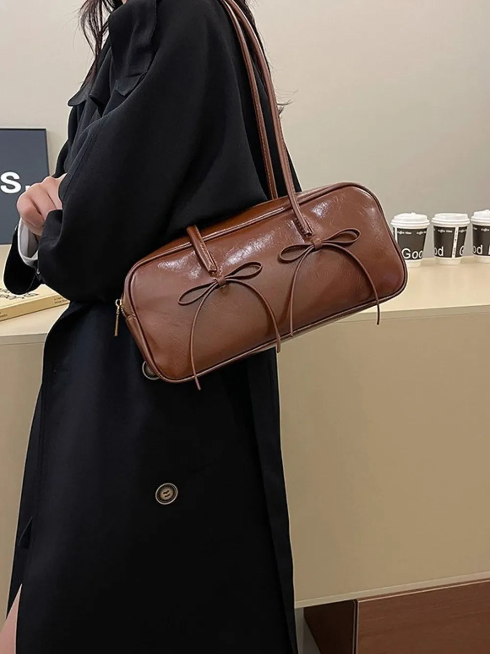 PU Leather Bow Trim Shoulder Bag - E-Esther Clothing Store