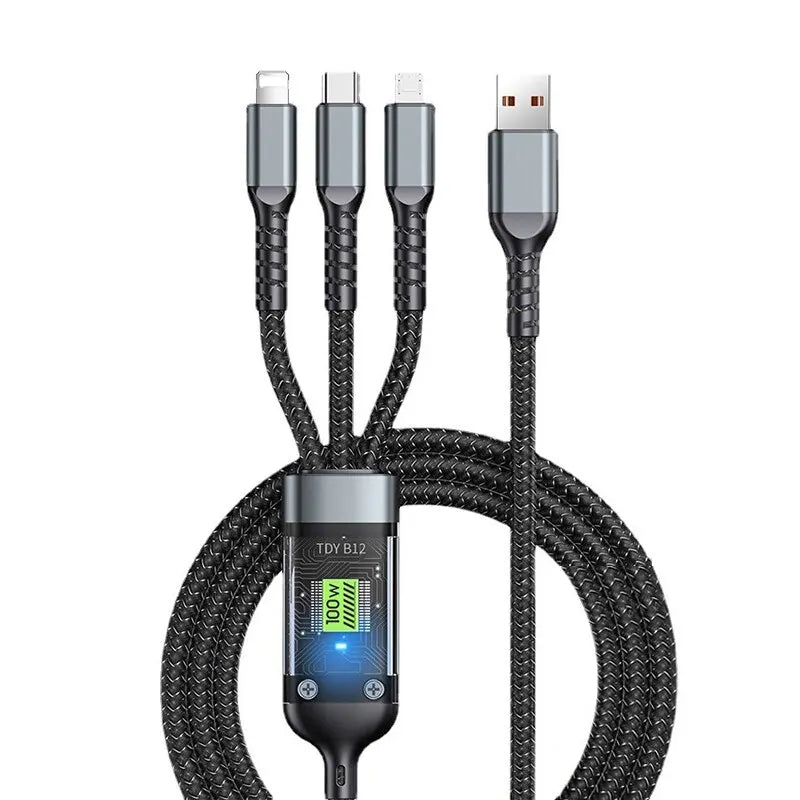 3 In 1 Usb 100w Type C/Iphone//Android Cable For Fast Charging
