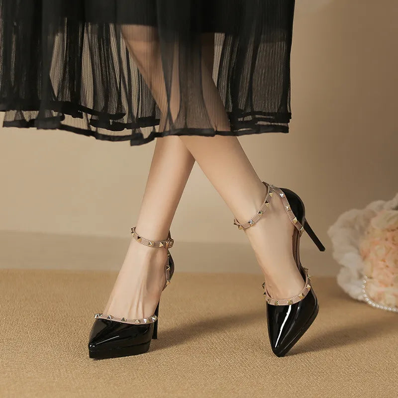 Rivet Decor Ankle Strap Stiletto Pumps - E-Esther Clothing Store