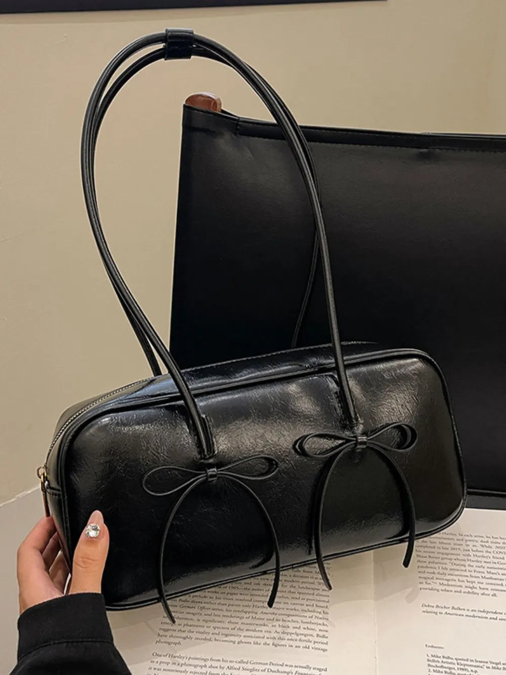PU Leather Bow Trim Shoulder Bag - E-Esther Clothing Store