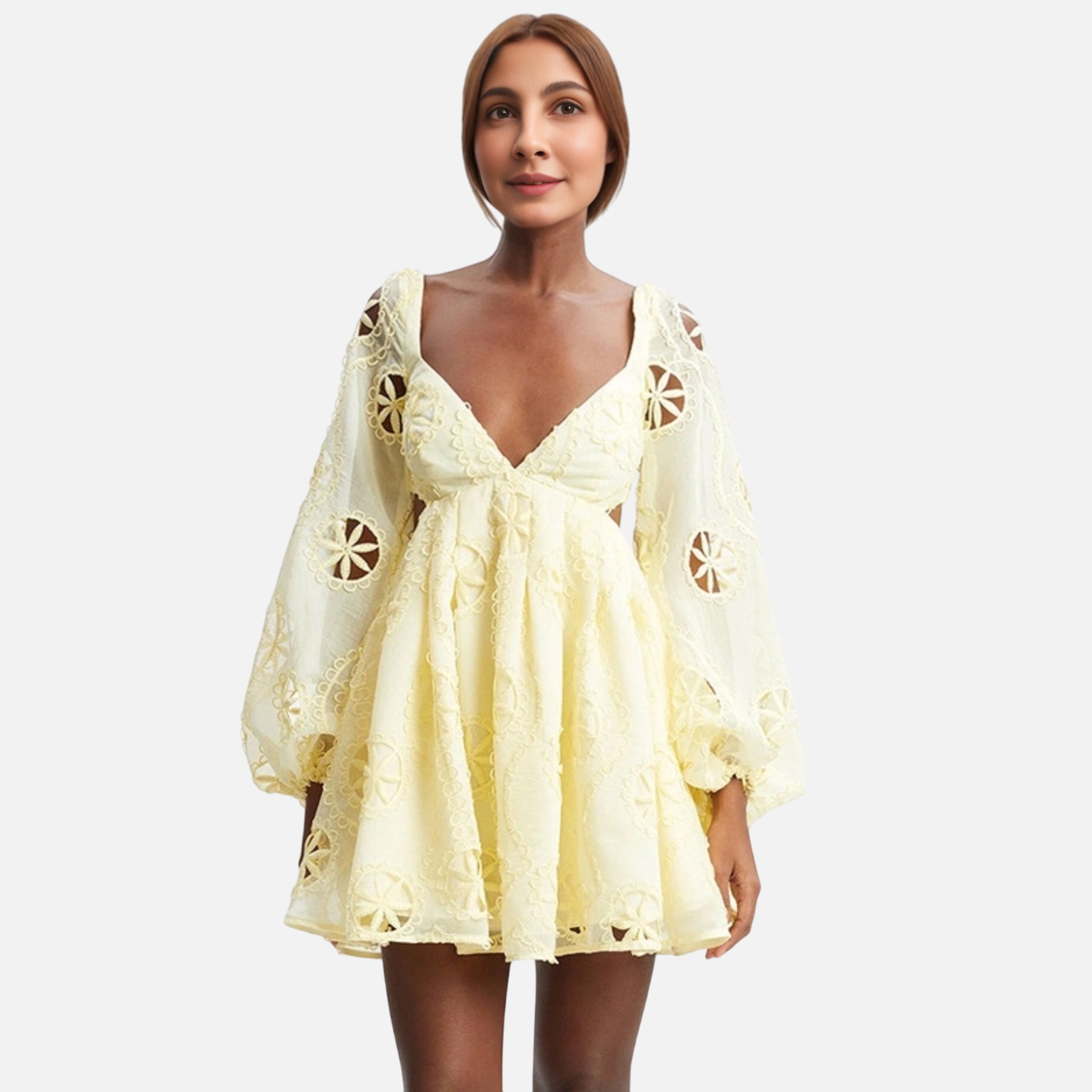 Sexy deep V-neck bubble sleeve solid color short skirt with hollowed out backless design dress for women - E-Esther Clothing Store