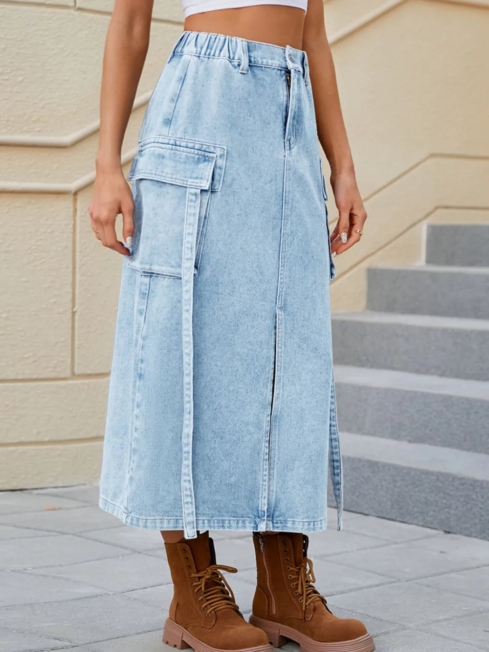 Trendy water washed elastic waistband half skirt
