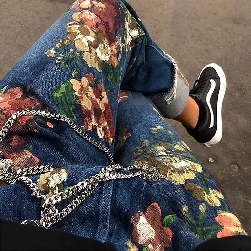 Style hand-painted floral graffiti fringed small straight leg men's trendy jeans - E-Esther Clothing Store