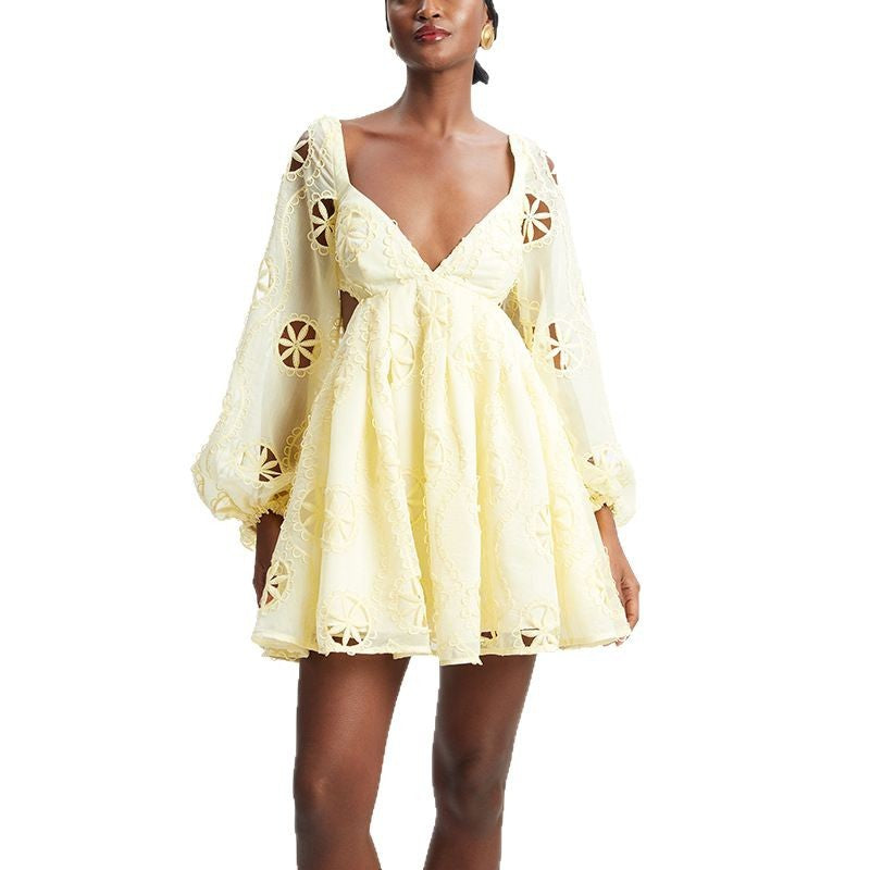 Sexy deep V-neck bubble sleeve solid color short skirt with hollowed out backless design dress for women - E-Esther Clothing Store