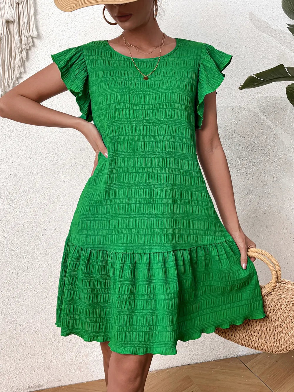 Textured Round Neck Ruffle Hem Dress - E-Esther Clothing Store