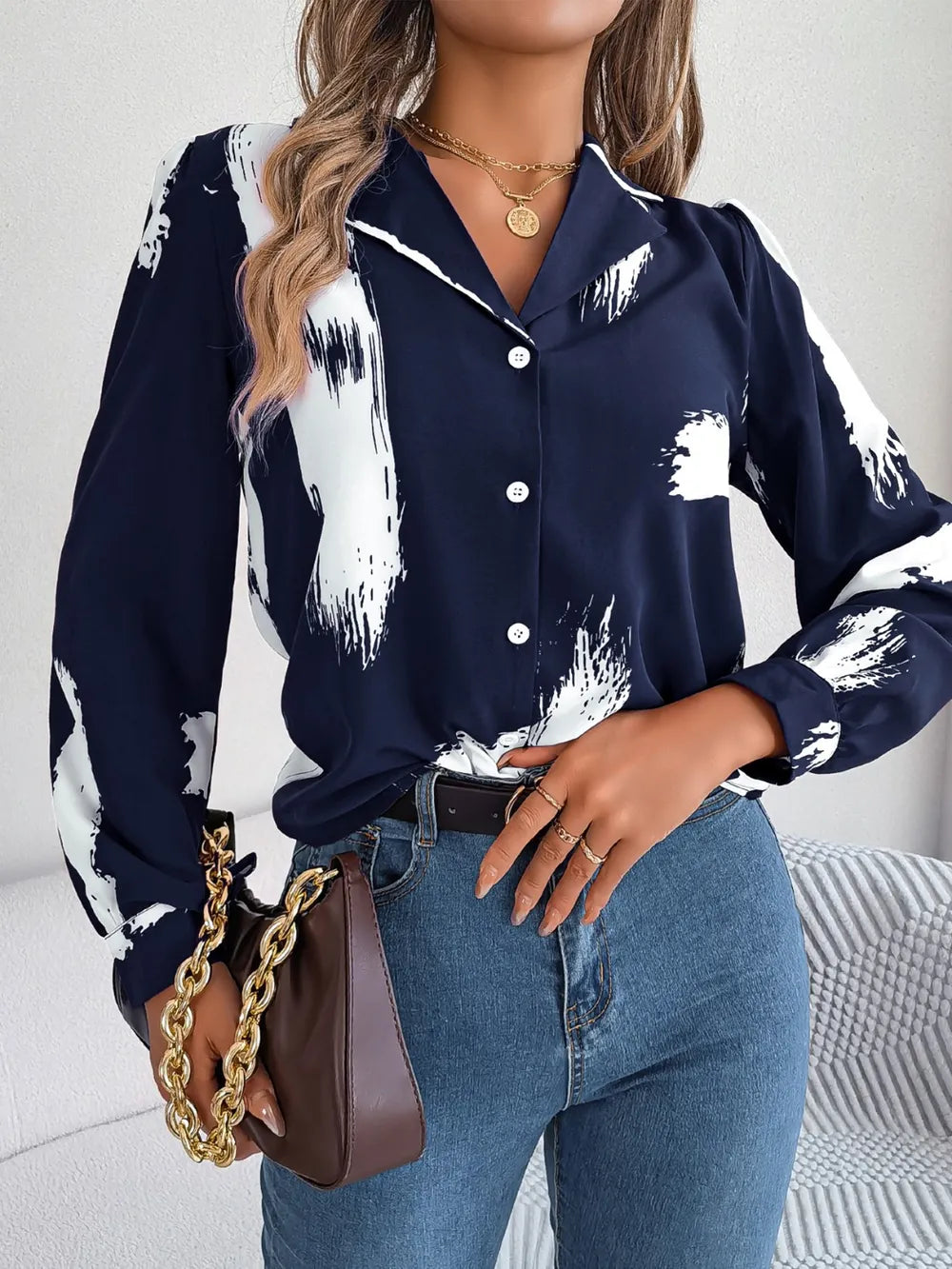 Printed Collared Neck Button Up Shirt - E-Esther Clothing Store