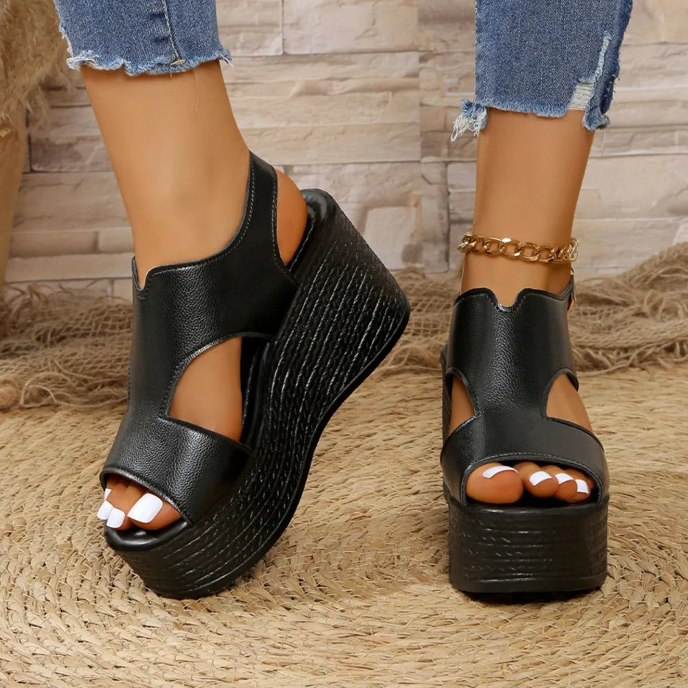 Peep Toe Cut Out Wedge Sandals - E-Esther Clothing Store