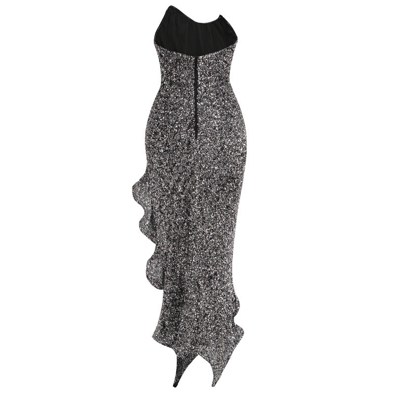 Strapless long skirt with lotus leaf hem party dress - E-Esther Clothing Store