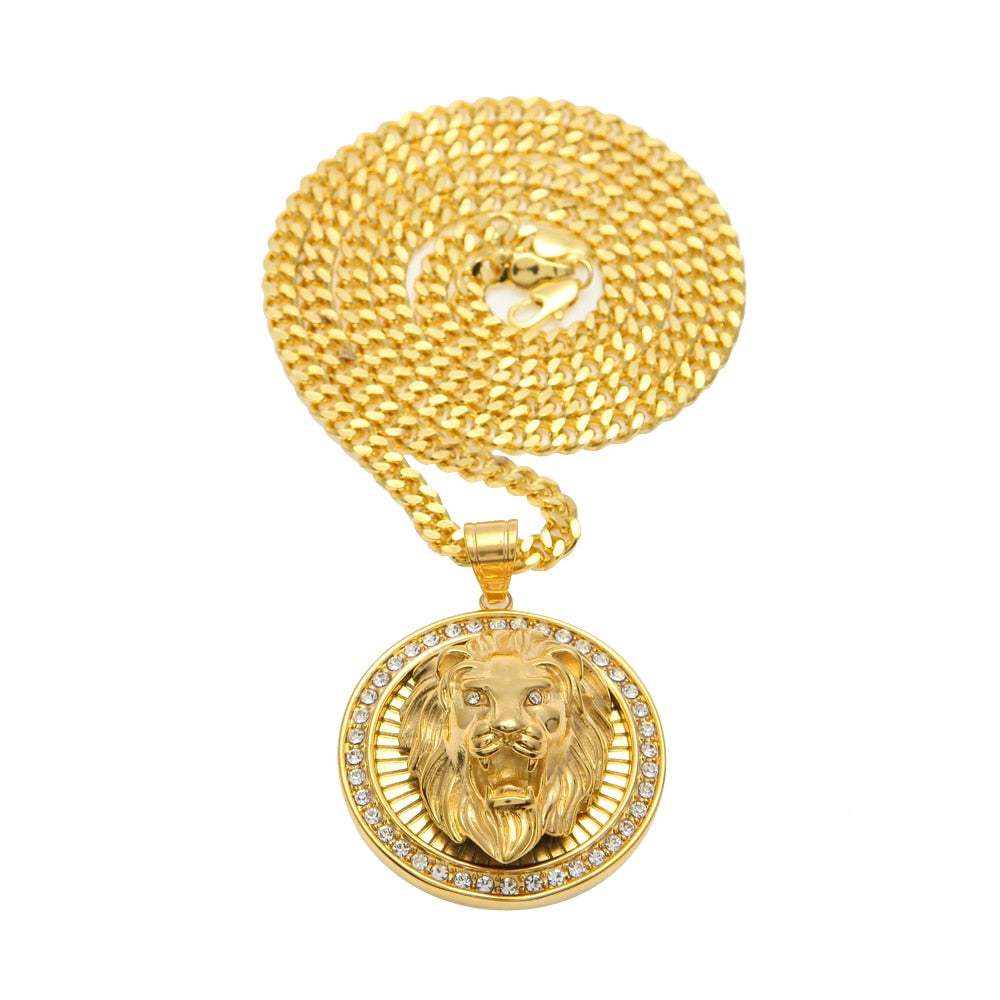 Mens Hip Hop Jewelry Iced Out Gold Color Fashion Bling Bling Lion Head Pendant Men Necklace Gold Color For Gift/present - E-Esther Clothing Store