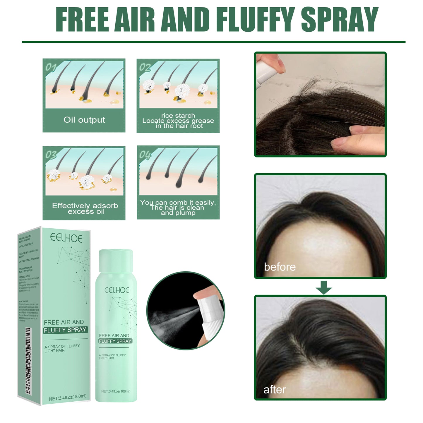 No-Wash Dry Hair Spray, Air Fluffiness Remove Oil Dry And Cool Shampoo-free Dry Hair Agent - E-Esther Clothing Store