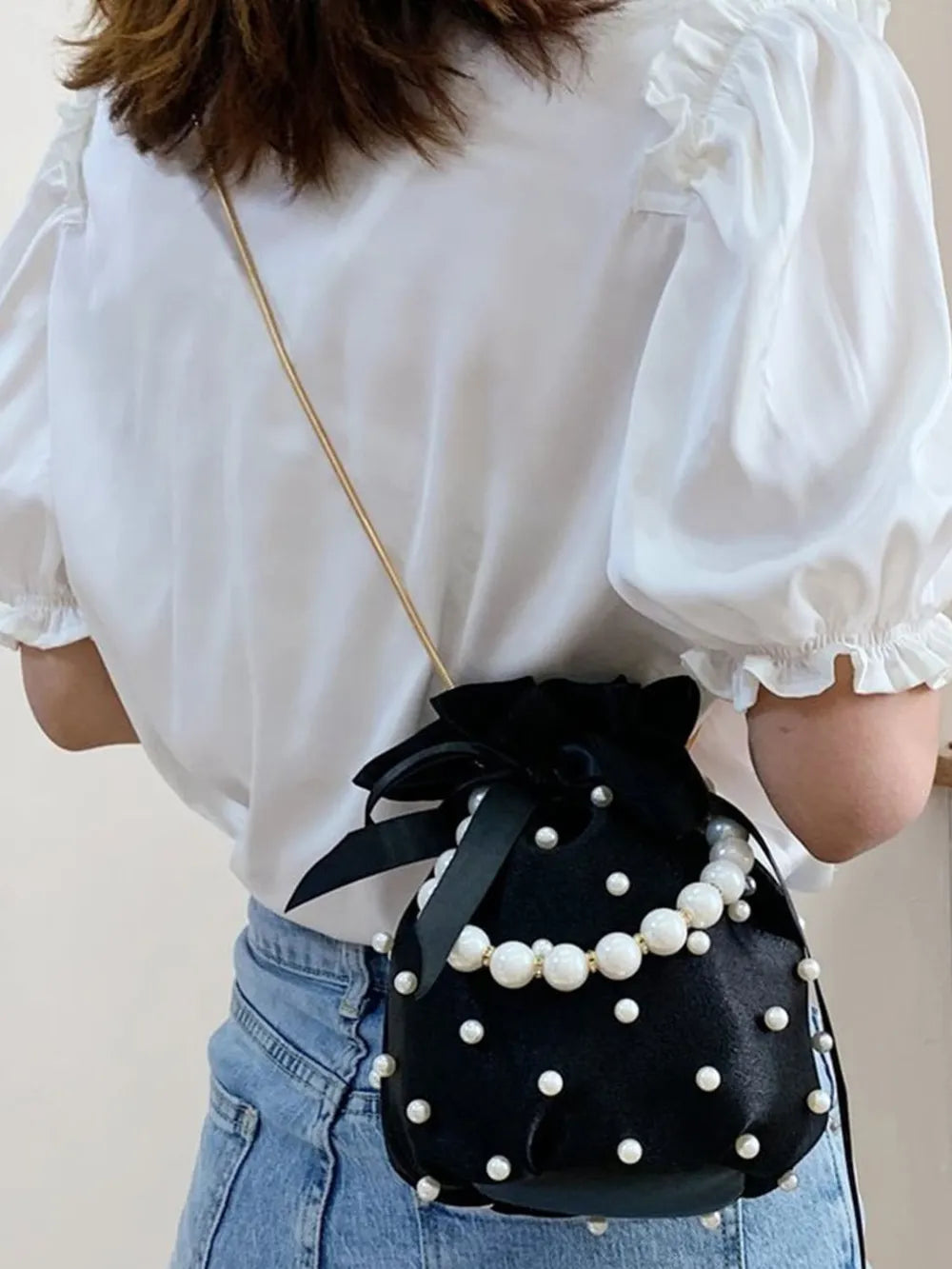 Pearl Detail Solid Color Bucket Bag - E-Esther Clothing Store