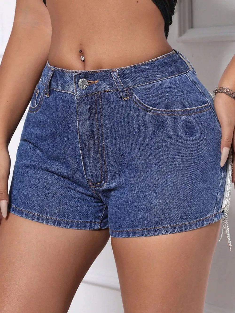 Fringe Back Denim Shorts with Pockets - E-Esther Clothing Store