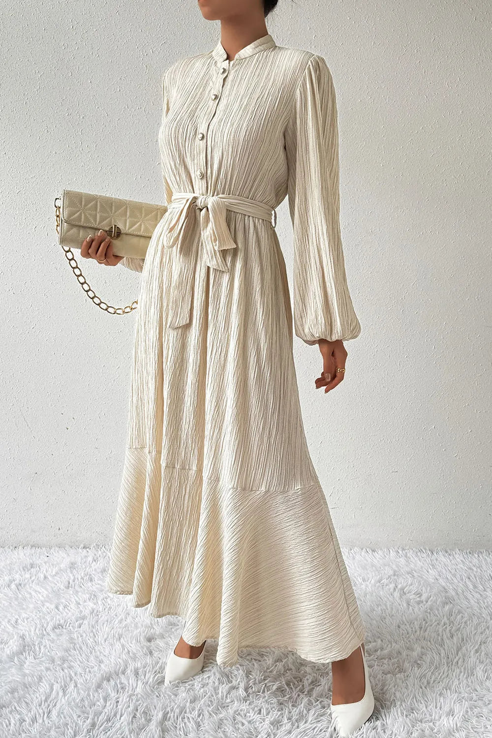 Tied Button Up Balloon Sleeve Dress - E-Esther Clothing Store