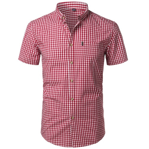 Small Plaid Shirt Men Summer Short Sleeve Cotton Mens Dress Shirts Casual Button Down Men's Shirt - E-Esther Clothing Store