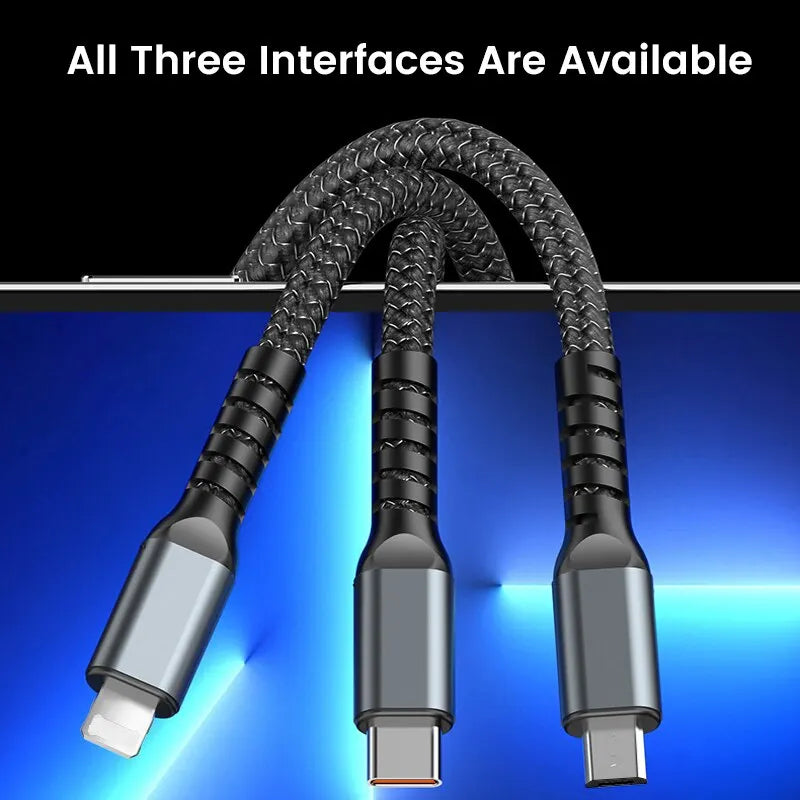3 In 1 Usb 100w Type C/Iphone//Android Cable For Fast Charging