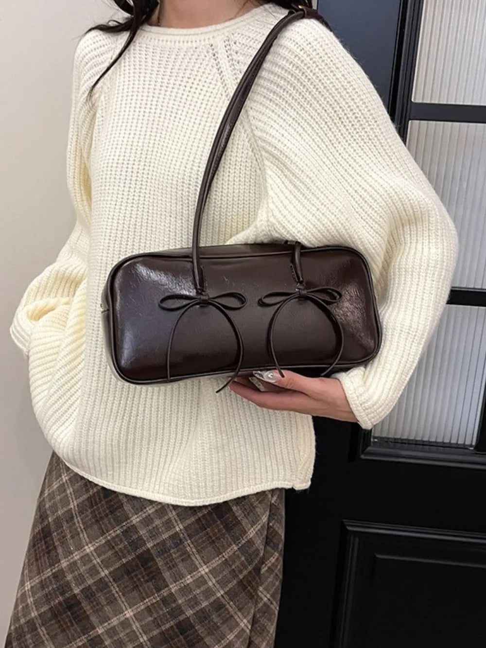 PU Leather Bow Trim Shoulder Bag - E-Esther Clothing Store