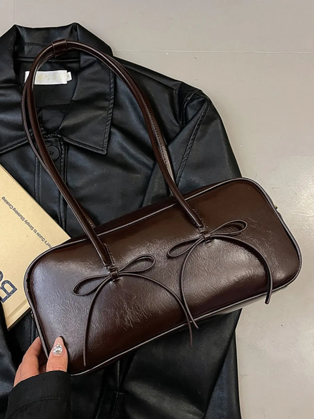 PU Leather Bow Trim Shoulder Bag - E-Esther Clothing Store