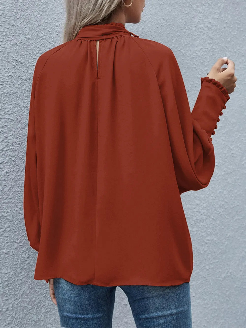 Tie Neck Lantern Sleeve Blouse - E-Esther Clothing Store