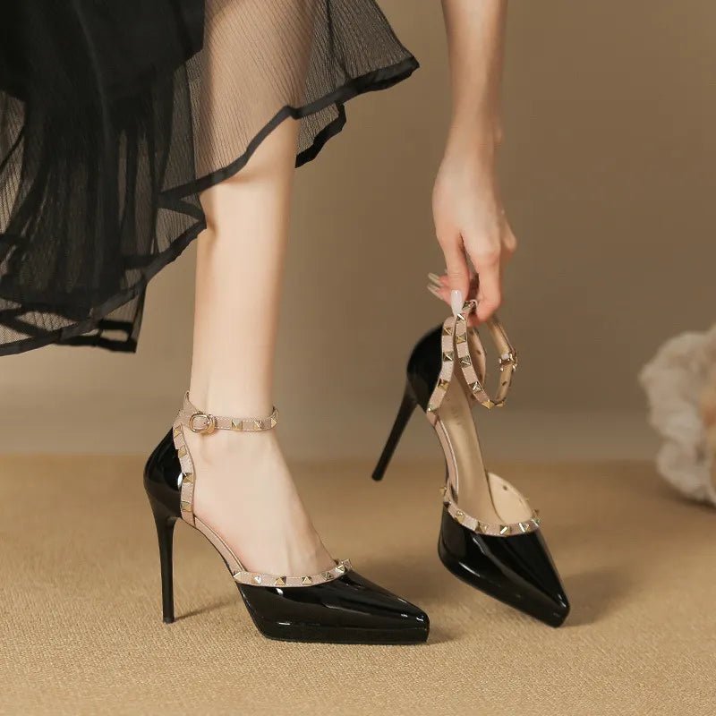 Rivet Decor Ankle Strap Stiletto Pumps - E-Esther Clothing Store
