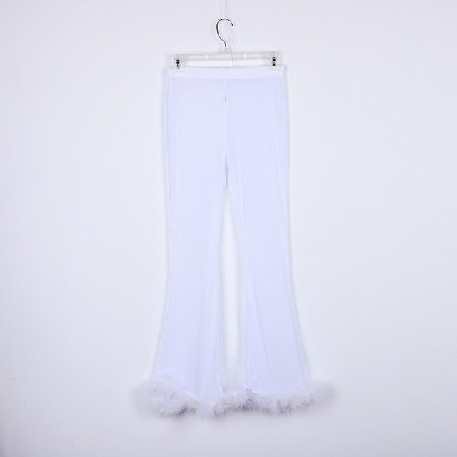 Summer Women See Through Mesh High Waist Pants and Long Sleeve Crop Top Sets Party Clubwear Sexy Faux Fur Outfit Two Piece Sets - E-Esther Clothing Store