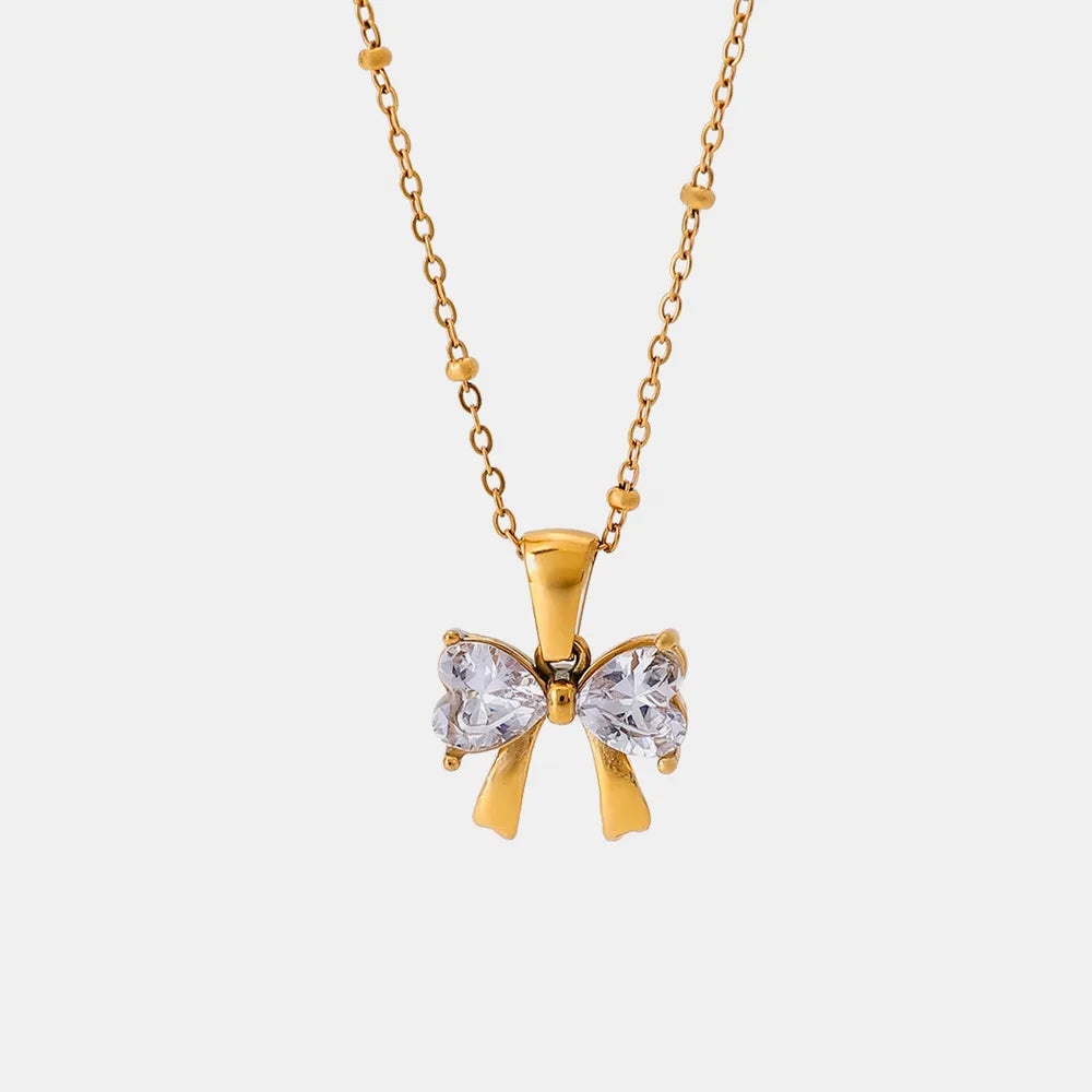 Stainless Steel Inlaid Zircon Bow Necklace - E-Esther Clothing Store