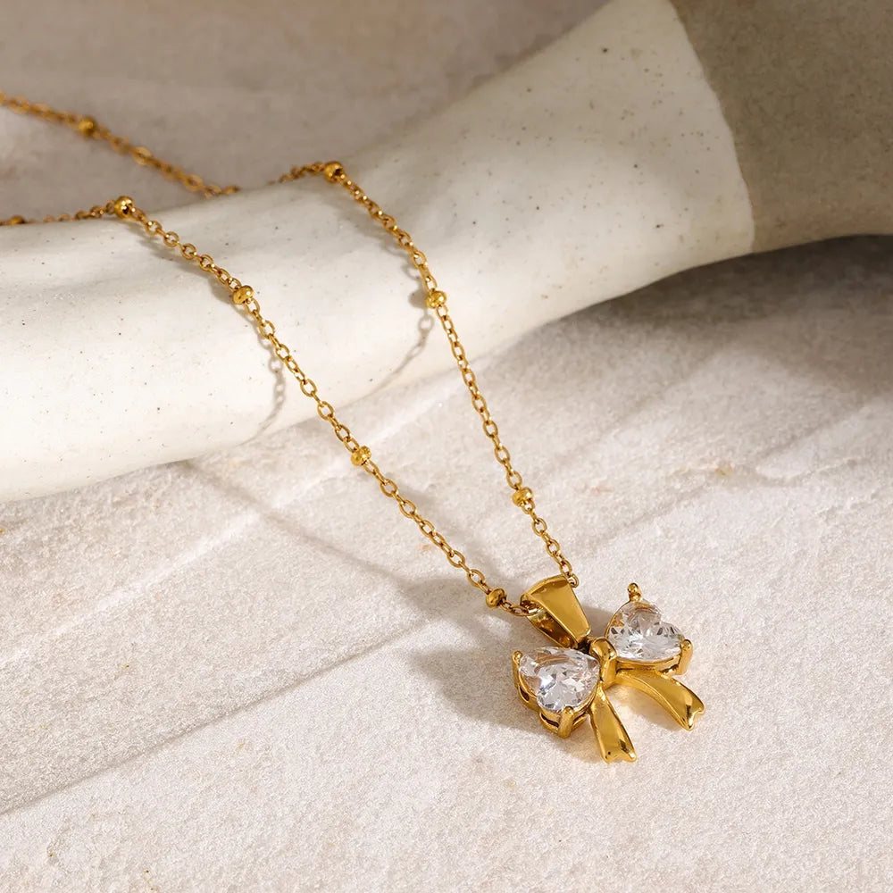 Stainless Steel Inlaid Zircon Bow Necklace - E-Esther Clothing Store