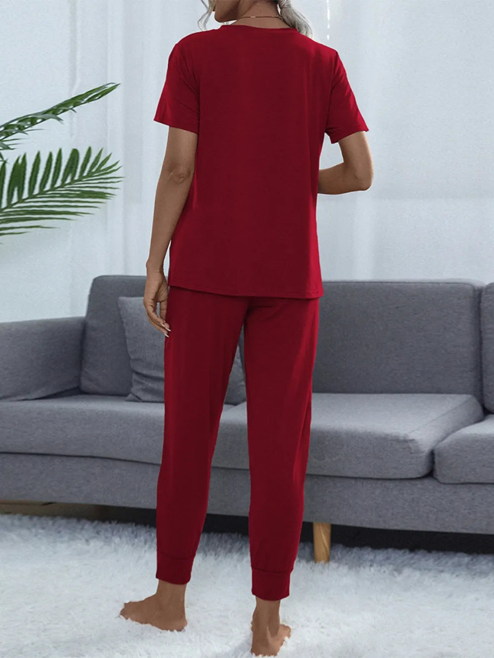 Shiny Round Neck Top and Pants Lounge Set - E-Esther Clothing Store
