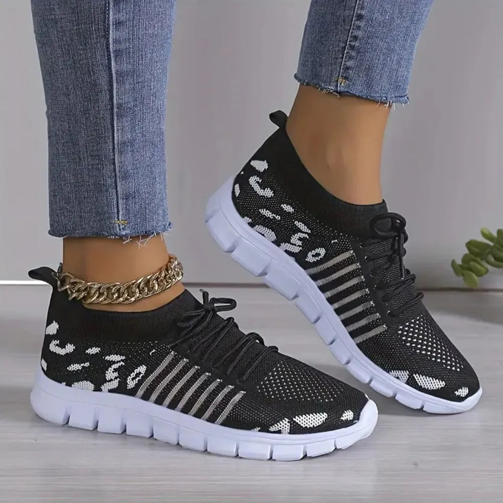 Leopard Round Toe Lace Up Athletic - E-Esther Clothing Store