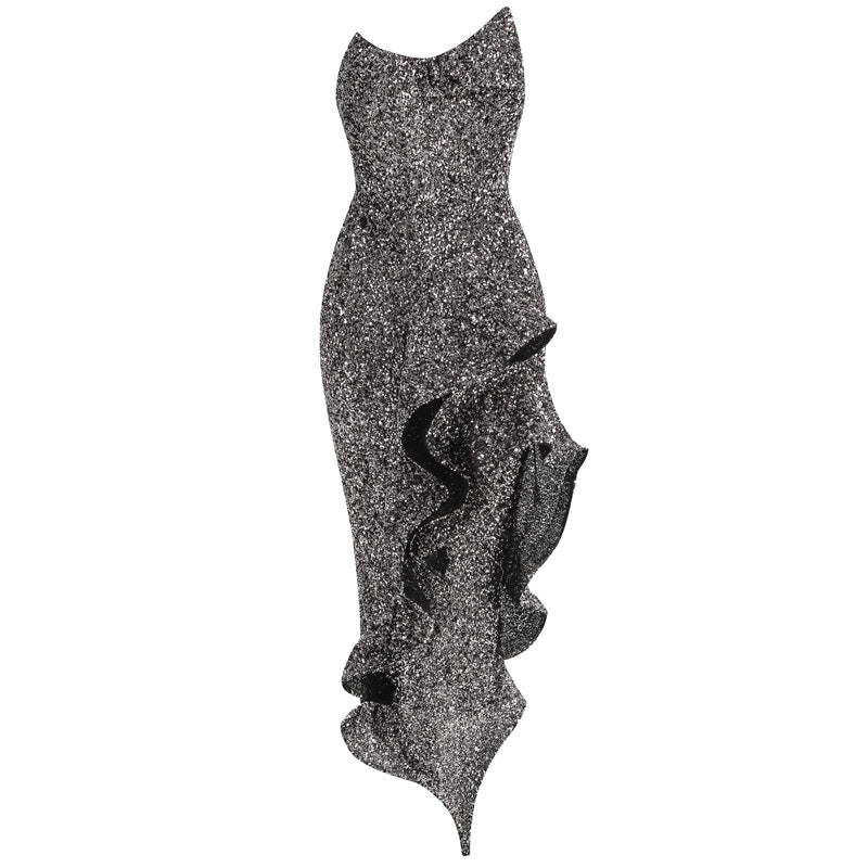 Strapless long skirt with lotus leaf hem party dress - E-Esther Clothing Store