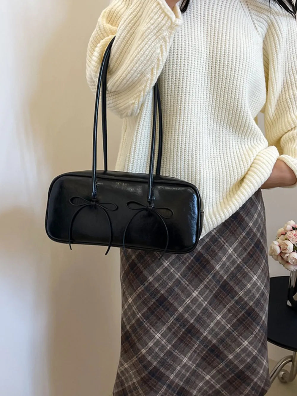 PU Leather Bow Trim Shoulder Bag - E-Esther Clothing Store