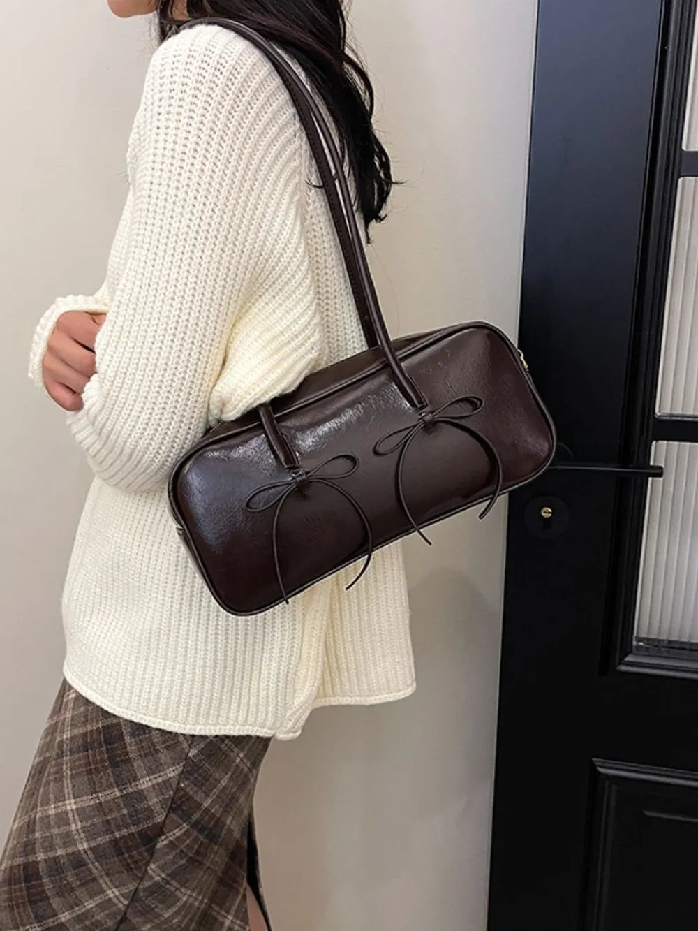 PU Leather Bow Trim Shoulder Bag - E-Esther Clothing Store