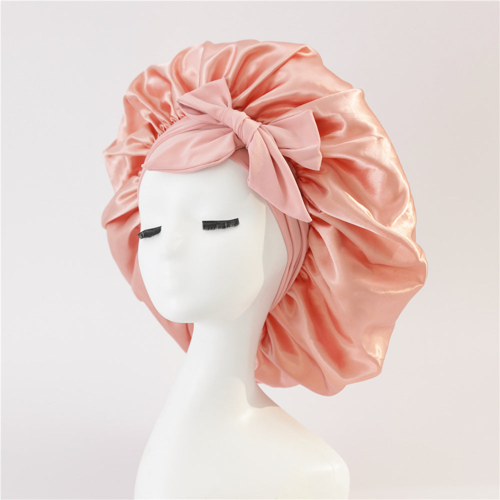 Elastic ribbon bow color Ding round hat solid color night cap wide-brimmed beauty hairdressing head scarf hat - E-Esther Clothing Store