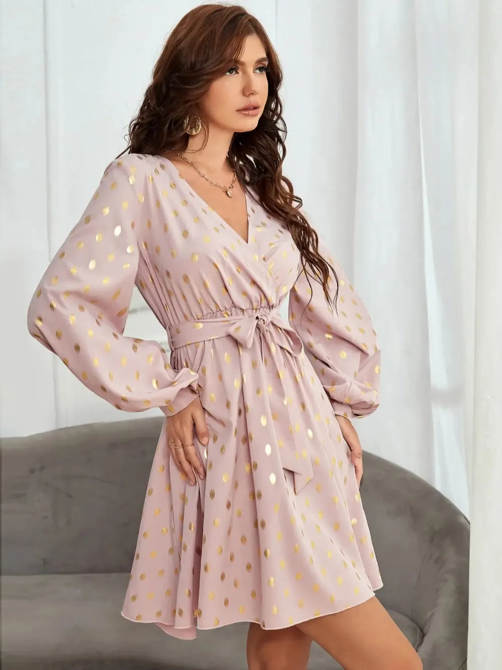 Tied Printed Surplice Long Sleeve Dress - E-Esther Clothing Store