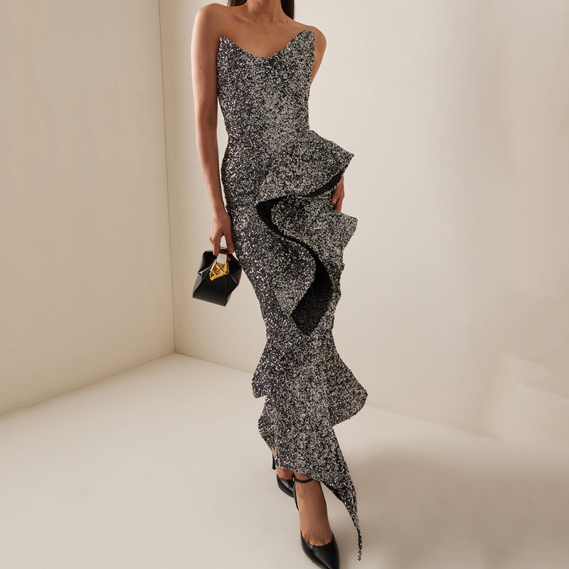 Strapless long skirt with lotus leaf hem party dress - E-Esther Clothing Store