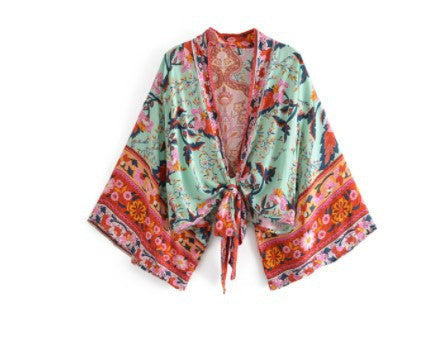 Fashionable printed V-neck batwing sleeve bohemian cover shirt - E-Esther Clothing Store