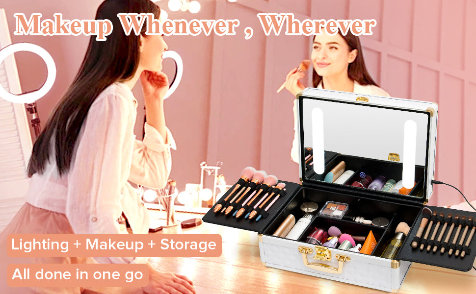Portable makeup case, travel makeup bag with LED mirror, locked makeup storage box, brush holder, divider, rechargeable, white - E-Esther Clothing Store