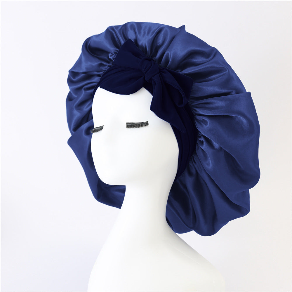 Elastic ribbon bow color Ding round hat solid color night cap wide-brimmed beauty hairdressing head scarf hat - E-Esther Clothing Store