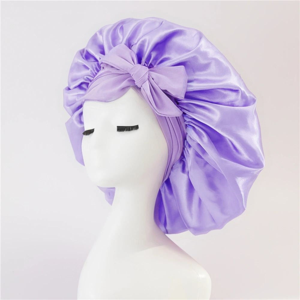 Elastic ribbon bow color Ding round hat solid color night cap wide-brimmed beauty hairdressing head scarf hat - E-Esther Clothing Store