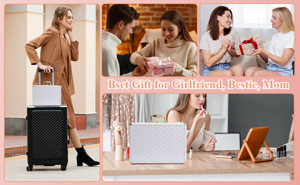 Portable makeup case, travel makeup bag with LED mirror, locked makeup storage box, brush holder, divider, rechargeable, white - E-Esther Clothing Store
