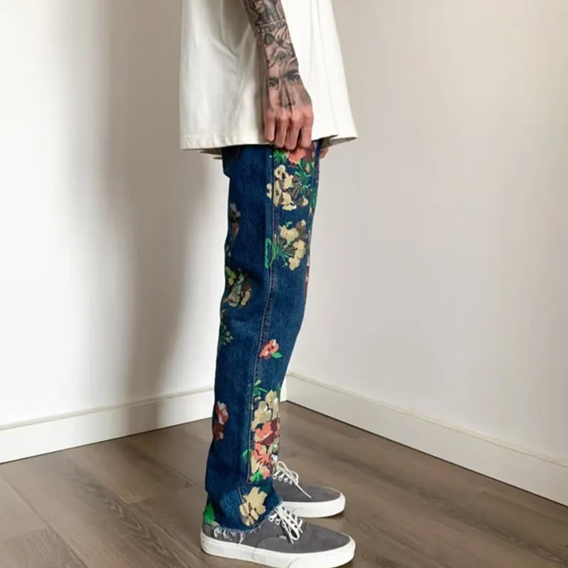 Style hand-painted floral graffiti fringed small straight leg men's trendy jeans - E-Esther Clothing Store