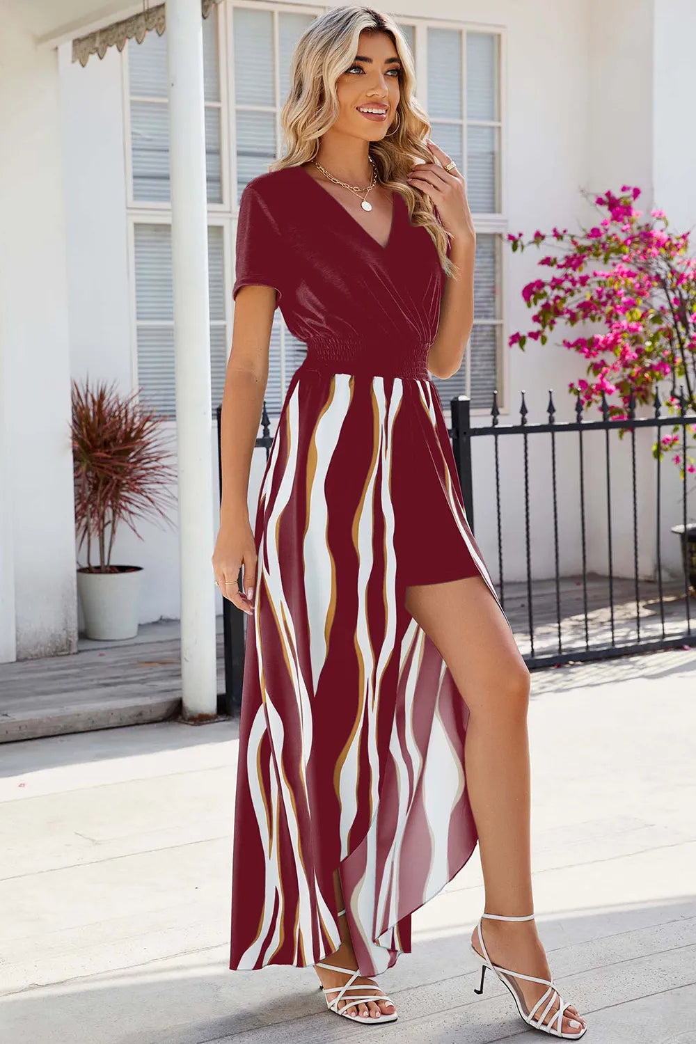 V-neck short sleeved waist cinched jumpsuit dress for women - E-Esther Clothing Store