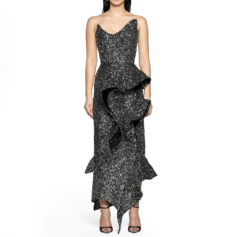 Strapless long skirt with lotus leaf hem party dress - E-Esther Clothing Store
