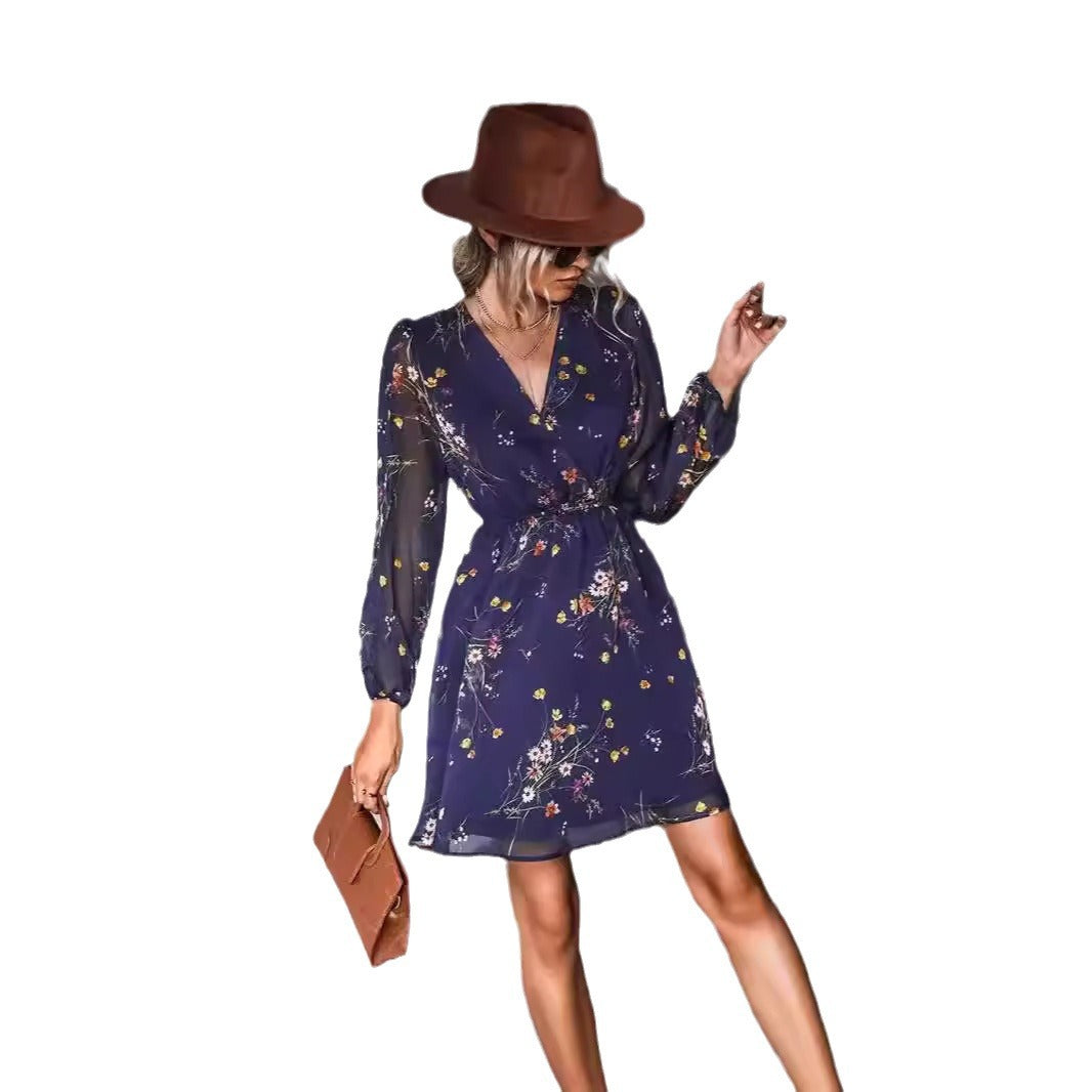 V-neck elegant chiffon printed floral spring see through skirt - E-Esther Clothing Store