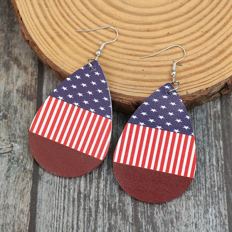 Stars and Stripes PU Leather Teardrop Earrings - E-Esther Clothing Store