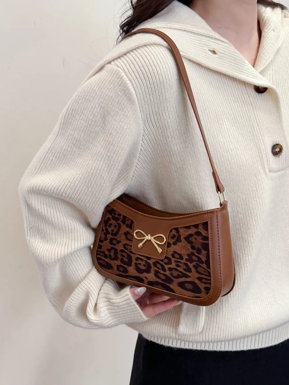 Bow Leopard PU Leather Handbag - E-Esther Clothing Store