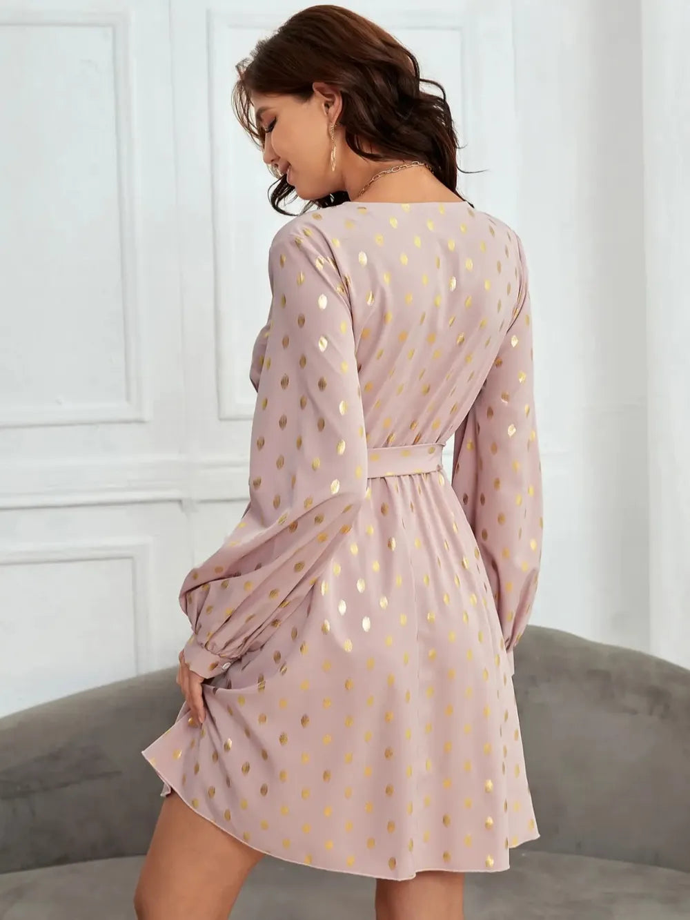 Tied Printed Surplice Long Sleeve Dress - E-Esther Clothing Store