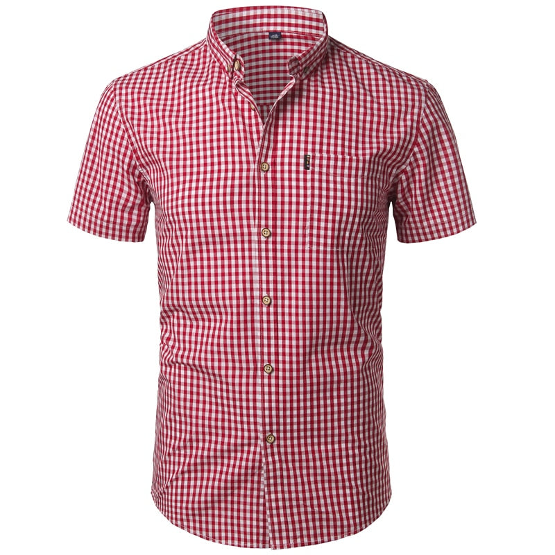 Small Plaid Shirt Men Summer Short Sleeve Cotton Mens Dress Shirts Casual Button Down Men's Shirt - E-Esther Clothing Store