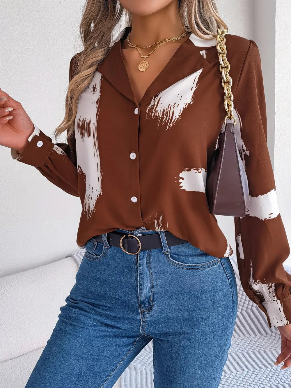 Printed Collared Neck Button Up Shirt - E-Esther Clothing Store