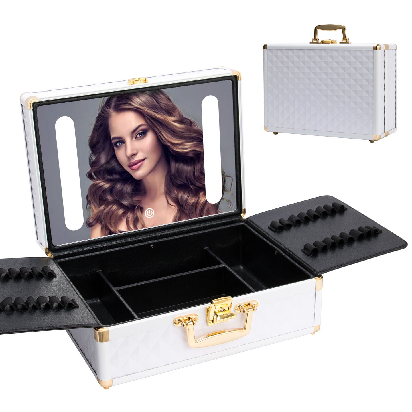 Portable makeup case, travel makeup bag with LED mirror, locked makeup storage box, brush holder, divider, rechargeable, white - E-Esther Clothing Store